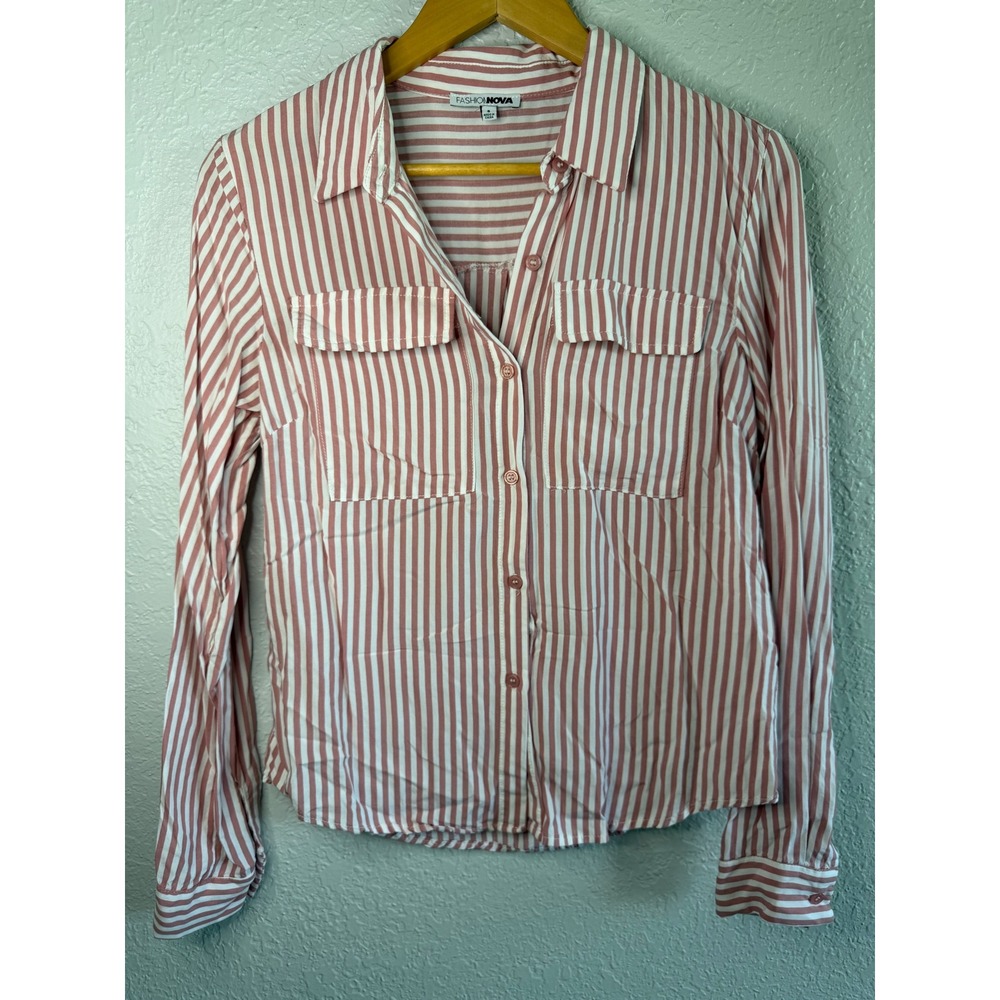 Striped Fashion Nova Button Down Shirt Womens Small Pink Excellent